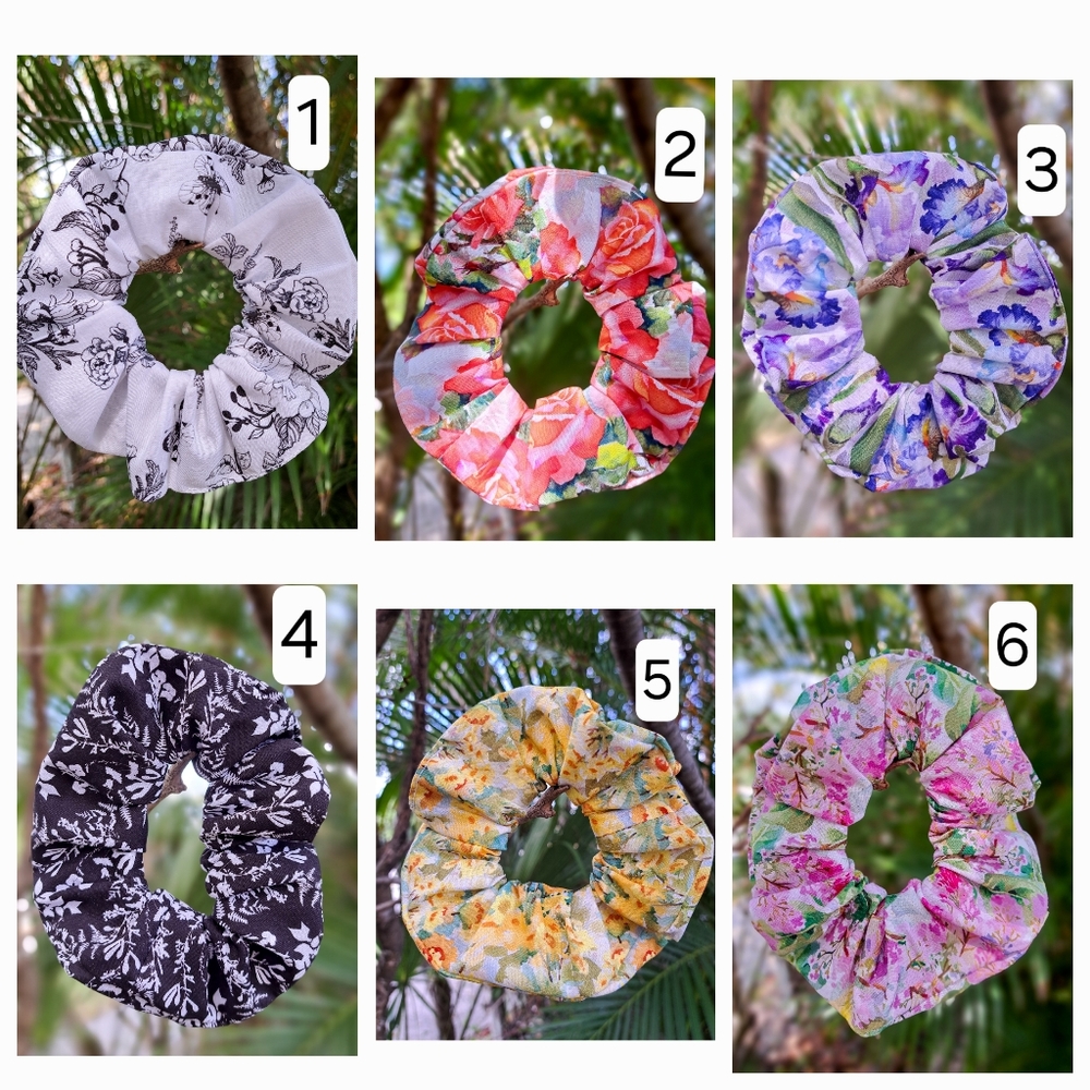 ONE Handcrafted Scrunchie 100% Cotton Floral Black White Rose Iris Collection #6